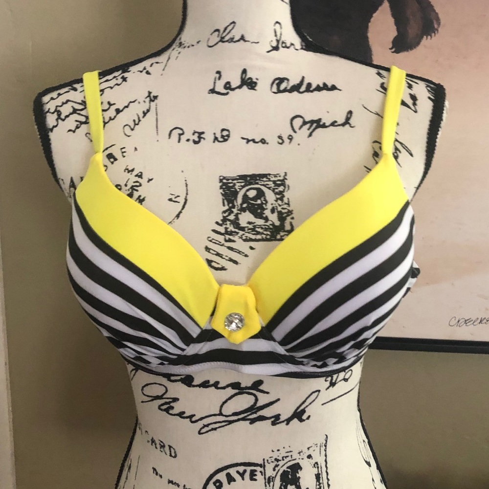 Yellow Black Stripe Push Up Padded Bikini Swimsuit - Picture 2 of 5